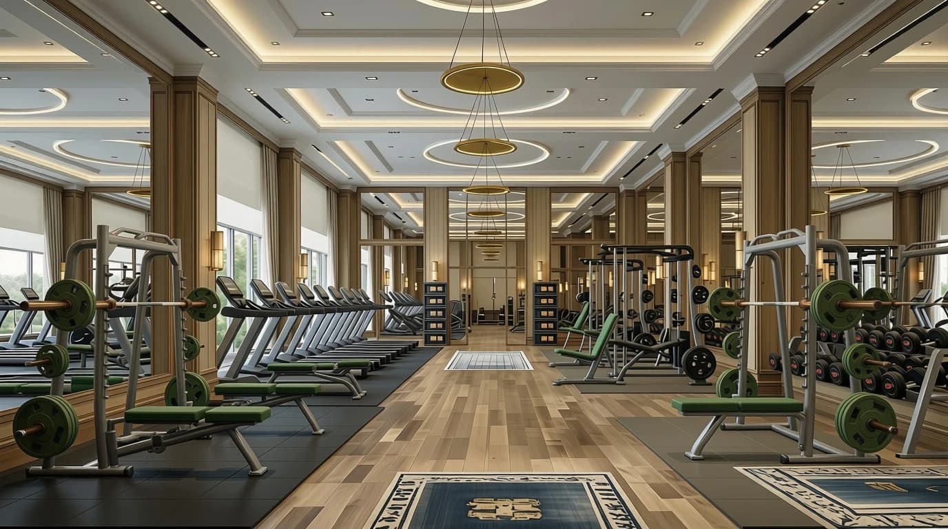 Illustrative concept of a fitness room with cardio equipment and free weights.