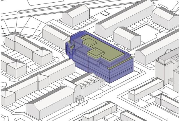 Illustrative line drawing of the site massing.