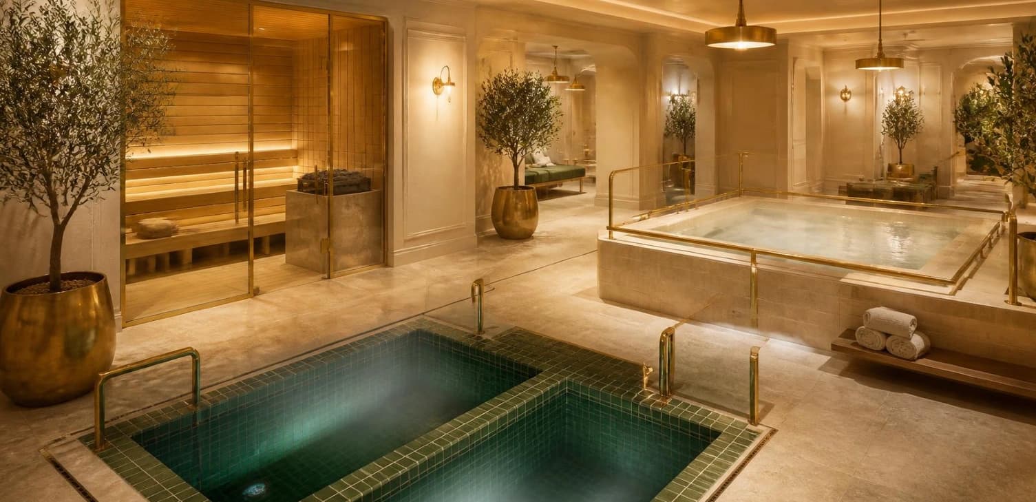 Illustrative concept of a spa with a sauna, cold plunge and hot tub.